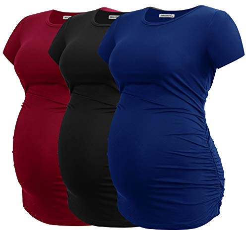 Smallshow Schwangerschaftsshirt für Damen, seitlich gerafft, Tunika, Schwangerschafts-Top, Kleidung, 3er-Pack, Schwarz/Marineblau/Weinrot, XX-Large von Smallshow