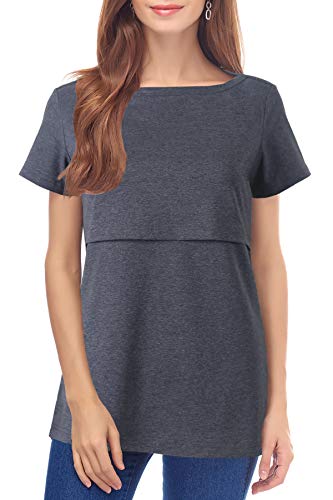 Smallshow Still-Tops Damen Sommer Kurzarm Gestreift Stillen T-Shirt, dunkelgrau, Large von Smallshow