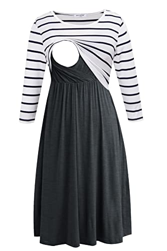 Smallshow Damen Schwangerschaftskleid Umstandsmode Kleide Umstandskleide Stillkleide White Stripe-Deep Grey M von Smallshow