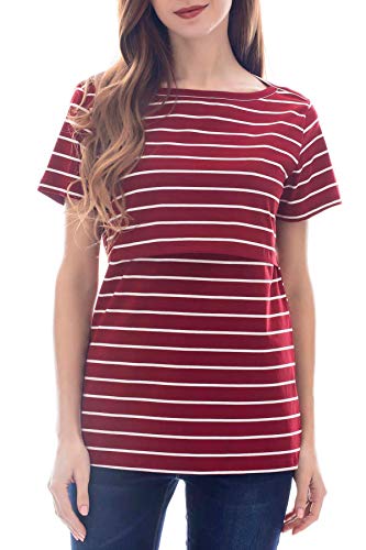 Smallshow Gestreiftes T-Shirt mit kurzen Ärmeln zum Stillen für Damen Klein (34-36) Burgund von Smallshow