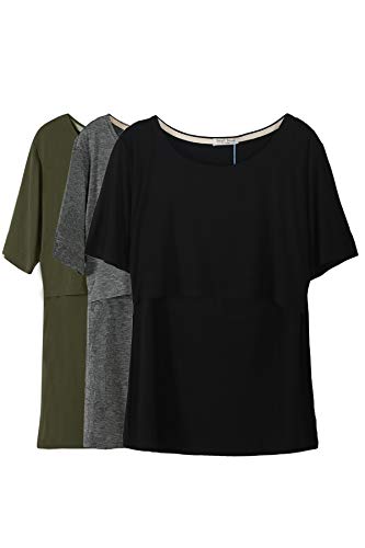 Smallshow Stillshirt Umstandstop T-Shirt Überlagertes Design Umstandsshirt Schwangerschaft Kleidung Mutterschafts Kurzarm Shirt,Army Green-Black-Deep Grey,XL von Smallshow