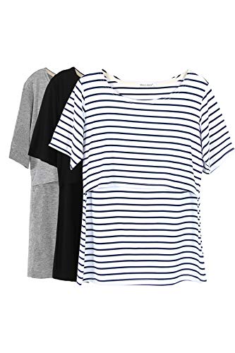 Smallshow Stillshirt Umstandstop T-Shirt Überlagertes Design Umstandsshirt Schwangerschaft Kleidung Mutterschafts Kurzarm Shirt,Black/Grey/White Stripe,S von Smallshow