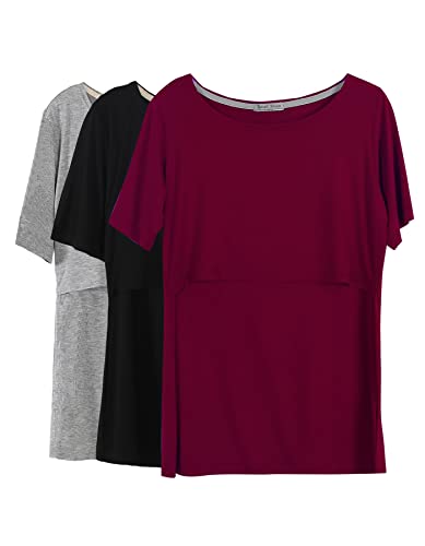 Smallshow Stillshirt Umstandstop T-Shirt Überlagertes Design Umstandsshirt Schwangerschaft Kleidung Mutterschafts Kurzarm Shirt,Black/Grey/Wine,M von Smallshow