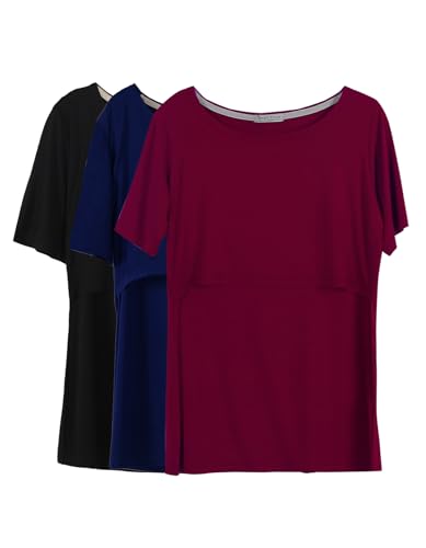 Smallshow Stillshirt Umstandstop T-Shirt Überlagertes Design Umstandsshirt Schwangerschaft Kleidung Mutterschafts Kurzarm Shirt,Black/Navy/Wine,XL von Smallshow