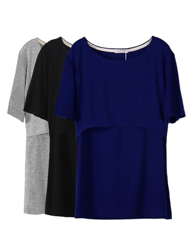 Smallshow Stillshirt Umstandstop T-Shirt Überlagertes Design Umstandsshirt Schwangerschaft Kleidung Mutterschafts Kurzarm Shirt,Deep Blue/Black/Grey,S von Smallshow
