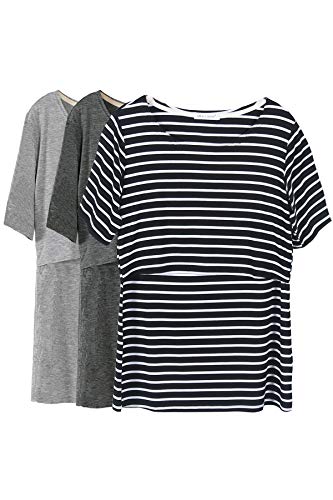 Smallshow Stillshirt Umstandstop T-Shirt Überlagertes Design Umstandsshirt Schwangerschaft Kleidung Mutterschafts Kurzarm Shirt,Dim Grey-Grey-Black Stripe,2XL von Smallshow