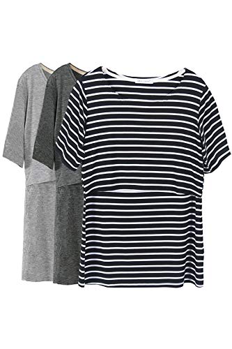 Smallshow Stillshirt Umstandstop T-Shirt Überlagertes Design Umstandsshirt Schwangerschaft Kleidung Mutterschafts Kurzarm Shirt,Dim Grey-Grey-Black Stripe,S von Smallshow