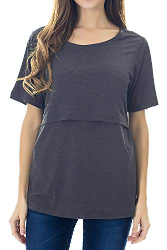 Smallshow Stillshirt Umstandstop T-Shirt Umstandsmode Umstandsshirt Schwangerschaft Kleidung Mutterschafts Kurzarm Shirt 2XL Deep Grey von Smallshow