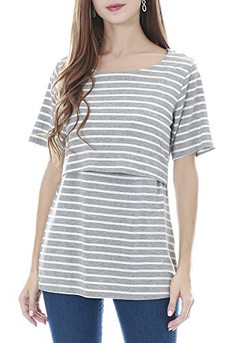 Smallshow Stillshirt Umstandstop T-Shirt Umstandsmode Umstandsshirt Schwangerschaft Kleidung Mutterschafts Kurzarm Shirt Light Grey Stripe Medium von Smallshow