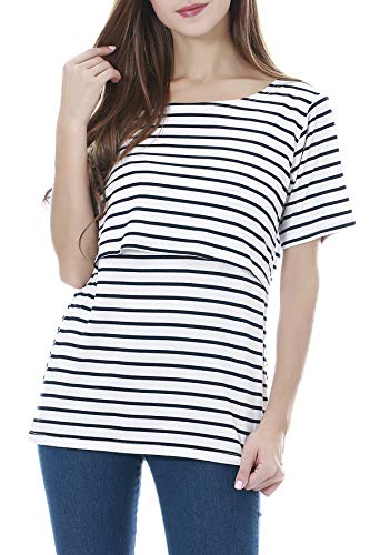 Smallshow Stillshirt Umstandstop T-Shirt Umstandsmode Umstandsshirt Schwangerschaft Kleidung Mutterschafts Kurzarm Shirt White Stripe Medium von Smallshow