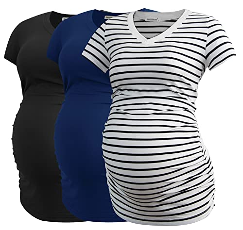 Smallshow Umstands-T-Shirt für Damen, V-Ausschnitt, seitlich gerüscht, Schwangerschafts-T-Shirt, Schwarz/Marineblau/Weiß gestreift, Groß Smallshow Umstands-T-Shirt für Damen, V-Ausschnitt, seitlich gerüscht, Schwangerschafts-T-Shirt, Schwarz/Marineblau/Weiß gestreift, Groß von Smallshow