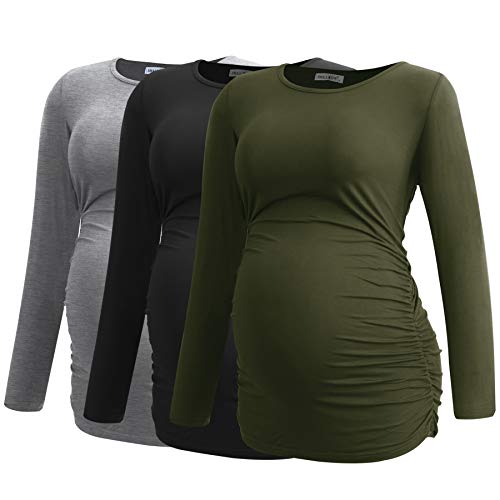 Smallshow Women's Umstandsmode Lange ärmel Umstandsshirt Maternity Tops 3er Pack,Army Green-Black-Light Grey,2XL von Smallshow