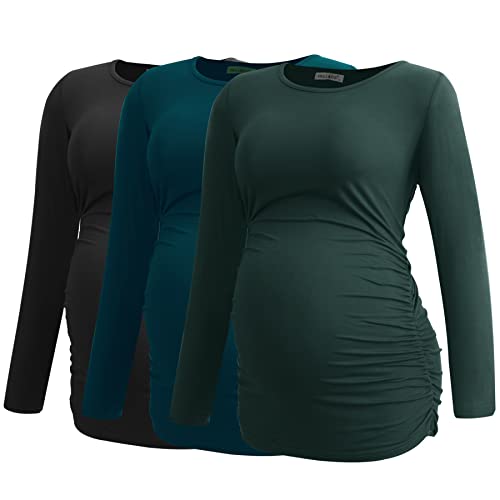 Smallshow Women's Umstandsmode Lange ärmel Umstandsshirt Maternity Tops 3er Pack,Black-Deep Green-Teal,L von Smallshow