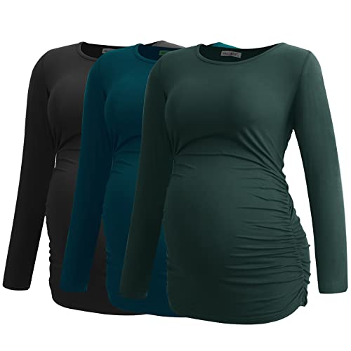 Smallshow Women's Umstandsmode Lange ärmel Umstandsshirt Maternity Tops 3er Pack,Black-Deep Green-Teal,XL von Smallshow