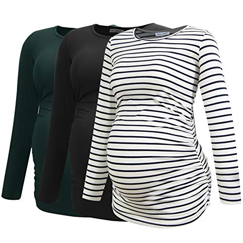 Smallshow Women's Umstandsmode Lange ärmel Umstandsshirt Maternity Tops 3er Pack,Black-Deep Green-White Stripe,2XL von Smallshow