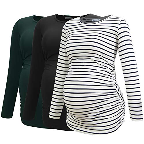 Smallshow Women's Umstandsmode Lange ärmel Umstandsshirt Maternity Tops 3er Pack,Black-Deep Green-White Stripe,L von Smallshow