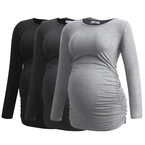 Smallshow Women's Umstandsmode Lange ärmel Umstandsshirt Maternity Tops 3er Pack,Black-Deep Grey-Light Grey,2XL von Smallshow