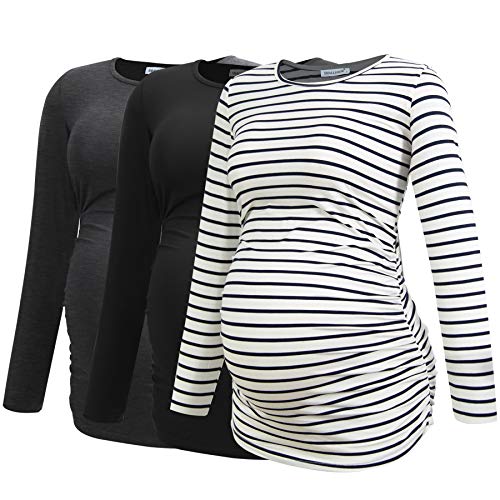 Smallshow Women's Umstandsmode Lange ärmel Umstandsshirt Maternity Tops 3er Pack,Black-Deep Grey-White Stripe,L von Smallshow