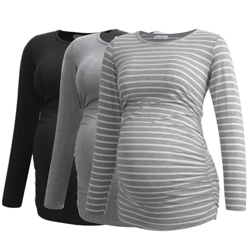 Smallshow Women's Umstandsmode Lange ärmel Umstandsshirt Maternity Tops 3er Pack,Black-Light Grey-Light Grey Stripe,2XL von Smallshow