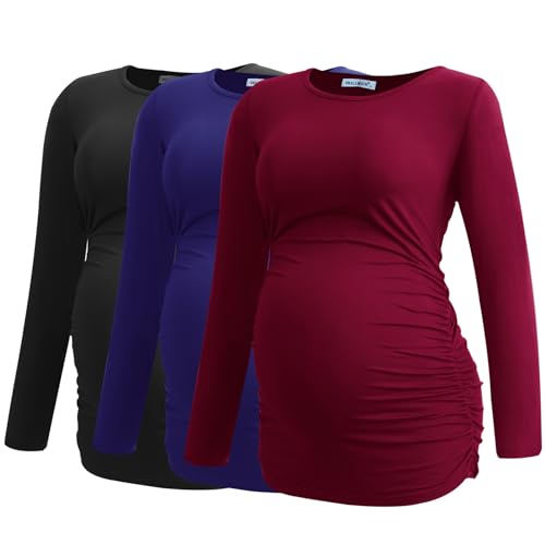 Smallshow Women's Umstandsmode Lange ärmel Umstandsshirt Maternity Tops 3er Pack,Black-Navy-Wine,2XL von Smallshow