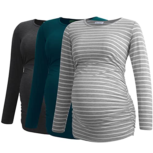 Smallshow Women's Umstandsmode Lange ärmel Umstandsshirt Maternity Tops 3er Pack,Deep Grey-Teal-Light Grey Stripe,2XL von Smallshow