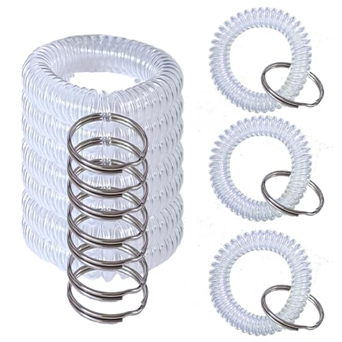 Smanzu 10 Stück bunte Handgelenkspule Schlüsselanhänger Spirale Schlüsselanhänger Armband Schlüsselhalter für Pool Fitnessstudio ID Abzeichen (durchsichtig) von Smanzu