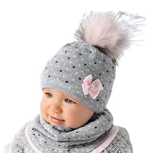 Smarilla Baby Mädchen Winter Mütze Set Loop Schlauchschal Bommel Strick Größe 44/46, Farbe: Grau-Hellrosa von Smarilla