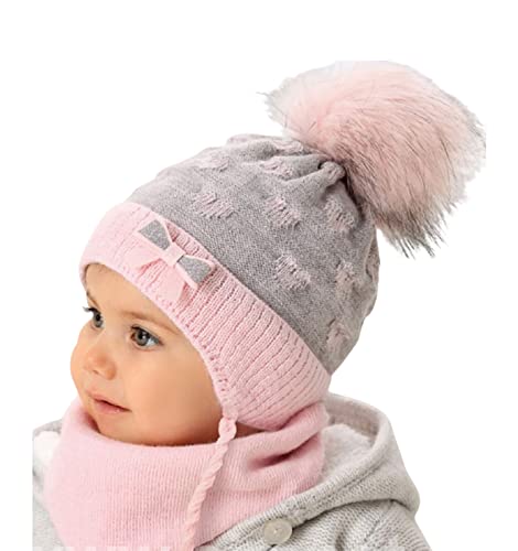 Smarilla Baby Winter Mütze Mädchen Bindemütze Strickmütze mit Dreiecktuch Schal, Größe: 40-42, Farbe: Rosa-Grau von Smarilla