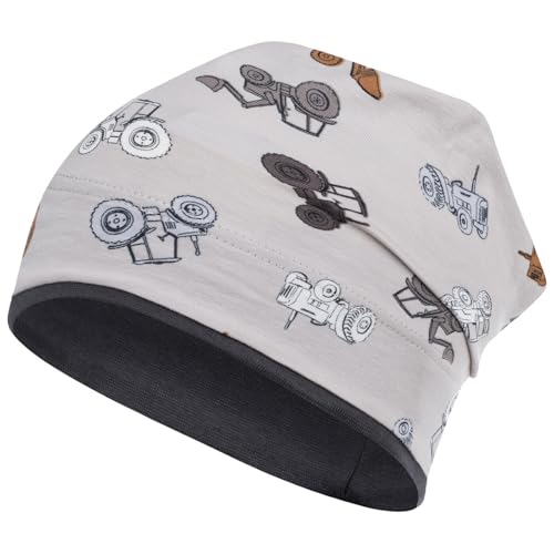 Smarilla Jungen Mütze Übergangsmütze Beanie Fahrzeuge Frühling Herbst Baumwolle, Größe: 50-52, Farbe: Traktor-Graubeige von Smarilla