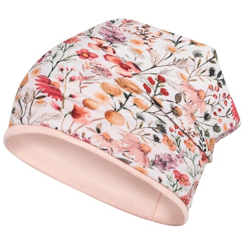 Smarilla Mädchen Mütze Übergangsmütze Beanie Blumen Frühling Herbst Baumwolle, Bekleidungsgröße: 50-52, Farbe: Creme-Aprikot von Smarilla
