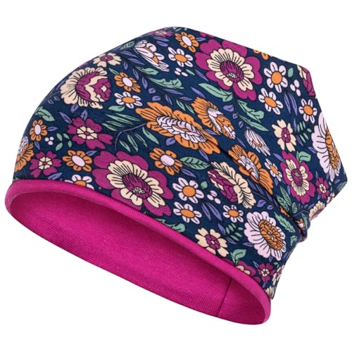 Smarilla Mädchen Mütze Übergangsmütze Beanie Blumen Frühling Herbst Baumwolle, Bekleidungsgröße: 50-52, Farbe: Dunkelblau-Pink von Smarilla