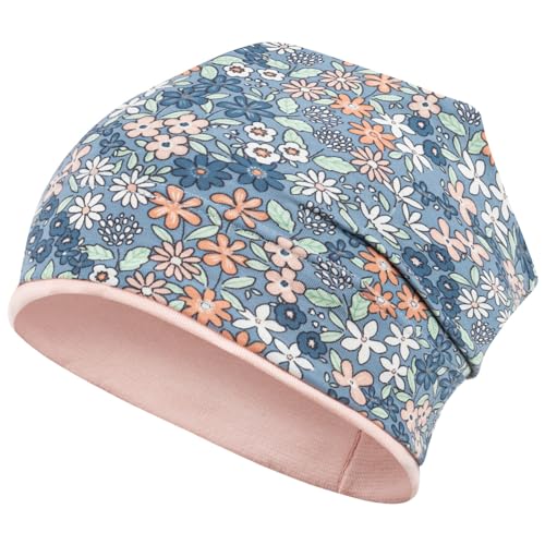 Smarilla Mädchen Mütze Übergangsmütze Beanie Blumen Frühling Herbst Baumwolle, Bekleidungsgröße: 50-52, Farbe: Blau-Aprikot von Smarilla