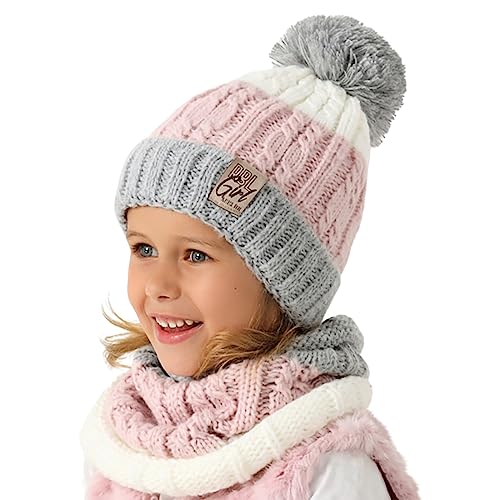 Smarilla Mädchen Wintermütze Strickmütze mit Schlauchschal Winterset Gr. 52-54, Größe: 52-54, Farbe: Rosa-Grau-Creme von Smarilla