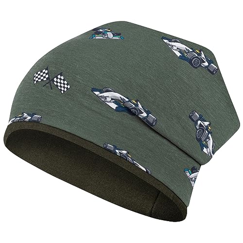 Smarilla Mütze Junge Herbst Übergang Stoffmütze Beanie Kindermütze Allover-Print, Größe: 50-52, Farbe: Khaki-Rennauto von Smarilla