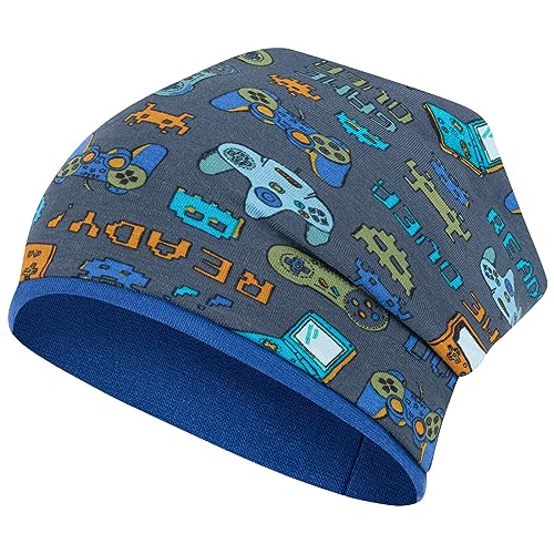 Smarilla Mütze Junge Herbst Übergang Stoffmütze Beanie Kindermütze Allover-Print, Größe: 54-56, Farbe: Grau-Blau-Game von Smarilla