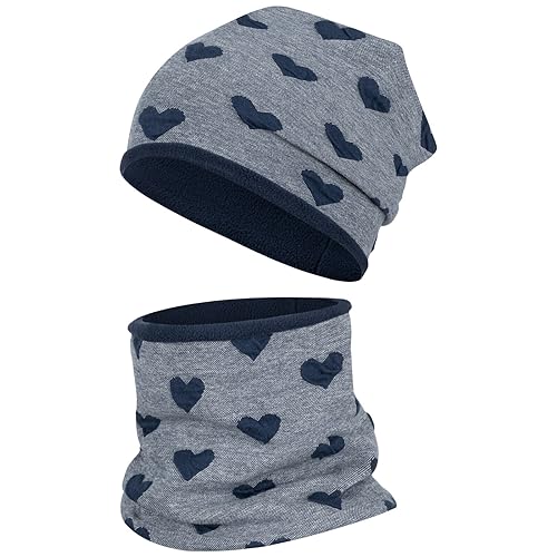 Smarilla Wintermütze + Schlauchschal Mädchen Winterset Beanie Snood, Bekleidungsgröße: 50-52, Farbe: Dunkelblau-Herz von Smarilla
