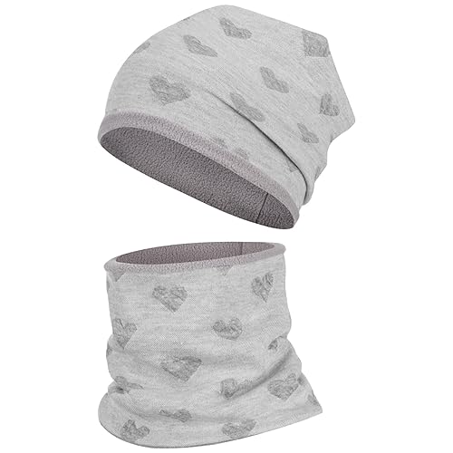 Smarilla Wintermütze + Schlauchschal Mädchen Winterset Beanie Snood, Größe: 54-56, Farbe: Hellgrau-Herz von Smarilla