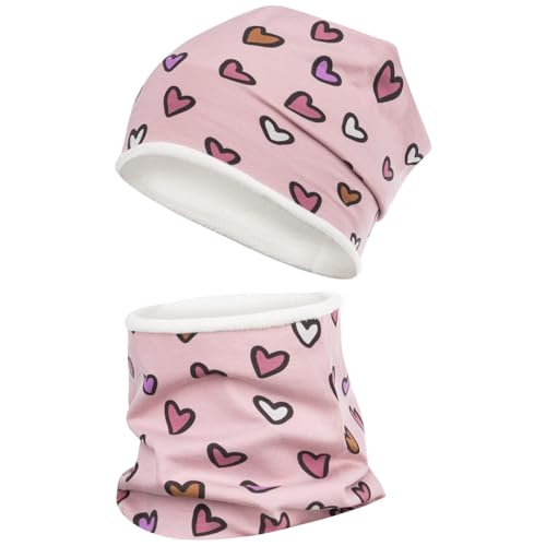 Smarilla Wintermütze + Schlauchschal Mädchen Winterset Beanie Snood, Größe: 54-56, Farbe: Rosa-Herz von Smarilla