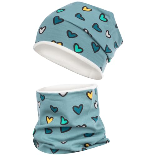 Smarilla Wintermütze + Schlauchschal Mädchen Winterset Beanie Snood, Größe: 54-56, Farbe: Türkis-Herz von Smarilla