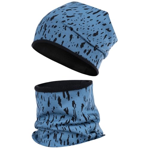 Smarilla Wintermütze + Schlauchschal Winterset Beanie Snood Fleece, Größe: 54-56, Farbe: Blau-Kleckse von Smarilla