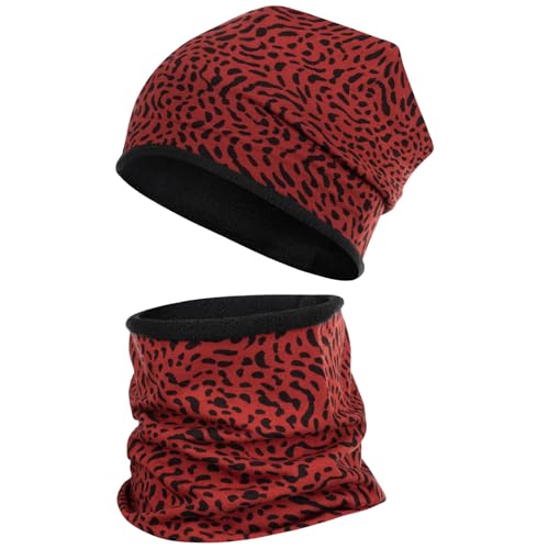 Smarilla Wintermütze + Schlauchschal Winterset Beanie Snood Fleece, Größe: 54-56, Farbe: Bordeaux-Leo von Smarilla