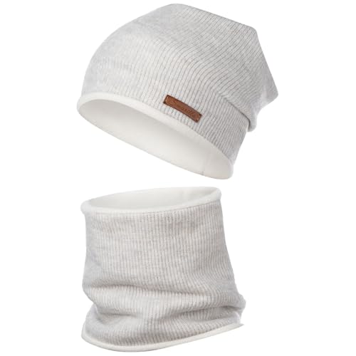 Smarilla Wintermütze + Schlauchschal Winterset Beanie Strickmütze Strickschal Snood Fleece Wolle, Größe: 54-56, Farbe: Hellgrau von Smarilla