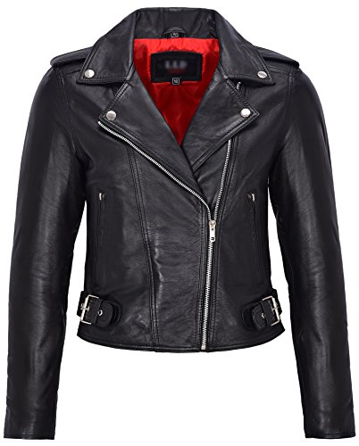 Damen Echtleder Brando Biker Style ausgestattete Jacke Kurze Länge schwarz mit rotem Innenfutter (8) von Smart Range Leather