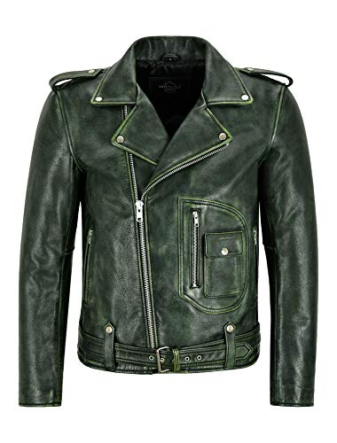 Smart Range Leather Herren Biker Lederjacke Grün vintage Brando Style Dickes Rindsleder Reitjacke Aster (L) von Smart Range Leather