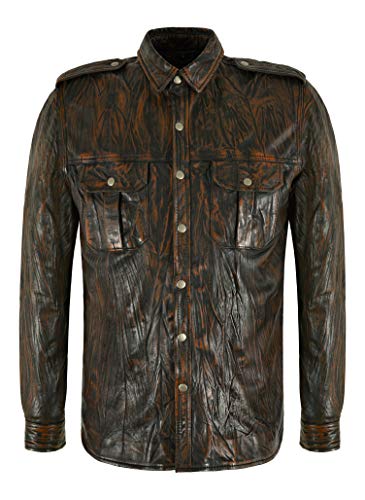Herren Leder Shirt Classic Bronze Falten Effekt Casual Retro Echt Leder Shirt (2XL) von Smart Range Leather
