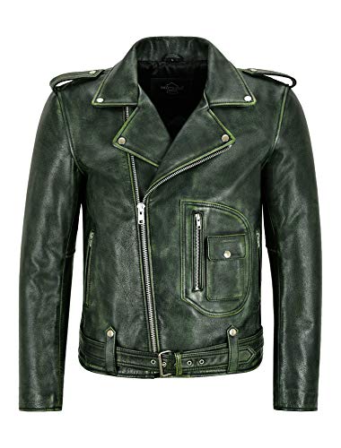 Smart Range Leather Herren Biker Lederjacke Grün vintage Brando Style Dickes Rindsleder Reitjacke Aster (M) von Smart Range Leather