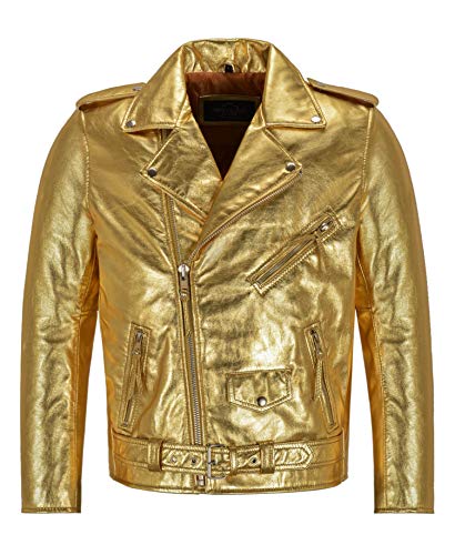 Smart Range Leather Herren BRANDO SLIM-FIT Gold/Silber Lederjacke Biker Racer Jacket SRMBF (L, Gold) von Smart Range Leather