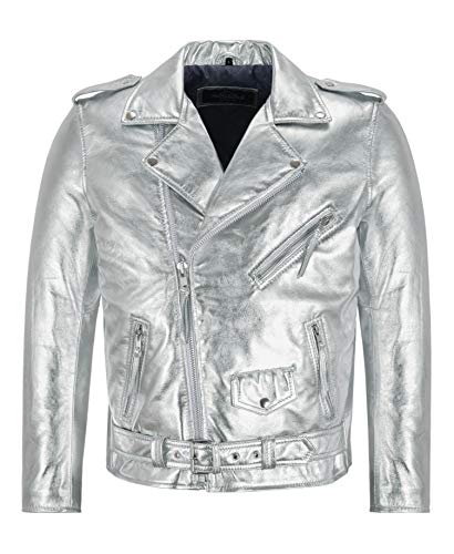 Herren Brando Slim-FIT Gold/Silber Lederjacke Biker Racer Jacket SRMBF (S, Silver) von Smart Range Leather