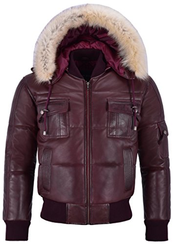Smart Range Leather Herren Puffers Bomberjacke mit Kapuze Echtes Lammleder Pilot 6 Puffer (Small, Cherry/White) von Smart Range Leather