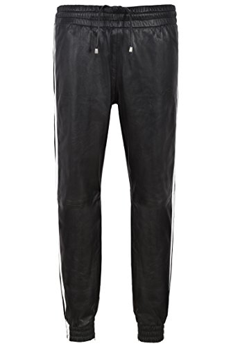 Smart Range Leather Herren Schwarz Weiß Streifen Echt Weiche Lederhose Trainingshose Reißverschluss Jogging unten (32, Black&White) von Smart Range Leather